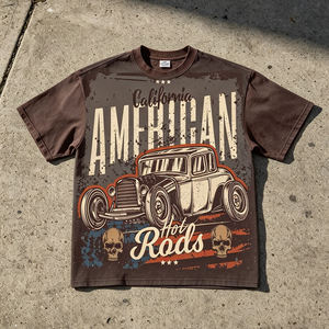 T-shirt Col Rond Oversize en Coton Tricoté Épais Style Vintage American Hot Rod Personnalisé pour Homme Streetwear Écologique Séchage Rapide - Product Image 1