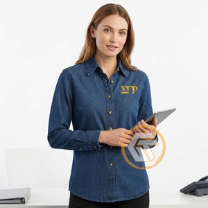 เสื้อเชิ้ตผู้หญิง ODM แขนยาวแบบแร็กแลน ปกคอปกติ สไตล์ลำลอง สำหรับชมรม SIGMA GAMMA RHO ผลิตจากผ้าฝ้าย 100% เป็นมิตรกับสิ่งแวดล้อม - Product Image 4