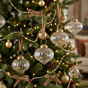 Premium Ribbed <b>Clear</b> Glass | Hanging <b>Bauble</b> Ornament | Christmas Tree | Decorative Ball | Elegant | Holiday Home Decor | Gift - Product Image 2