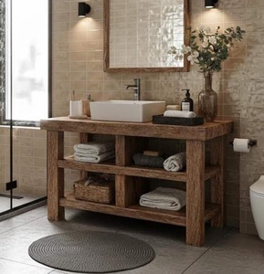 Meuble-lavabo en bois massif finition naturelle avec organisateur ouvert, meuble de salle de bain en bois pour maison moderne - Product Image 2