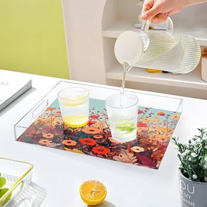 Serving Tray with Handles <b>Clear</b> Acrylic Tray Decorative Rectangular Tray for Ottoman Coffee <b>Table</b> Bathroom Autumn Poppy Flowers - Product Image 1