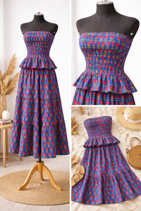 ชุดเสื้อครอปพิมพ์ลายดอกไม้พร้อมกระโปรงระบาย ชุดเซ็ตสองชิ้นสำหรับผู้หญิง เสื้อครอปสม็อค กระโปรงหลายชั้น ชุดฤดูร้อนทำมือ - Product Image 2