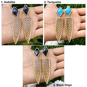 Statement <b>earrings</b> sodalite turquoise black onyx designer <b>earring</b> gold plated filigree design kite shape gemstone dangle <b>earring</b> - Product Image 2