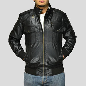 Blouson Bomber Homme Personnalisé en Cuir Véritable Noir, Coupe Slim, Multi-Poches, en Peau de Mouton Souple, Style Décontracté Streetwear - Product Image 1