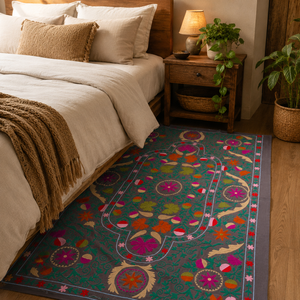 Drap de lit en coton brodé Suzani fait main, gris multicolore, motif floral bohème, couvre-lit traditionnel indien, décoration ethnique pour la maison, literie - Product Image 4
