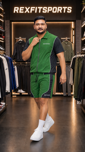 REXFIT SPORTS 2026 Ensemble court personnalisé vert et noir en nylon pour homme, chemise zippée et short, ensemble de sport deux pièces, logo personnalisé, streetwear - Product Image 2