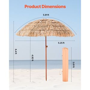 Ombrellone da Patio Tiki da 1,8 m con Inclinazione, Resistente, Stile Hawaiano, Parasole da Spiaggia con 8 Stecche Metalliche, Materiale PP Effetto Paglia, Base Elegante - Product Image 3