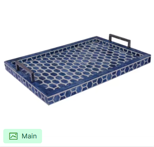 Plateau de service rectangulaire décoratif de luxe, fait main, bleu, avec incrustation de os en forme d'hexagone, élégant et moderne, pour table basse - Product Image 5