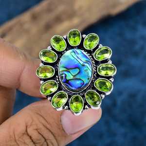 Wholesale Handmade 925 Sterling Silver <b>Abalone</b> <b>Shell</b> and Peridot Cluster Ring Opaque Gemstone Flower Statement Rings For Women - Product Image 4