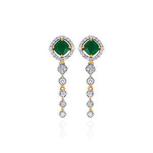 Premium Green Gemstone Long Drop <b>Earrings</b> with Cushion Cut Center, <b>Diamond</b> Pave Halo and Multiple Square Stone <b>Dangles</b> - Product Image 1