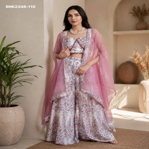 Fournisseur de crêpes françaises de qualité supérieure avec impression numérique et travail manuel, ensemble crop-top, palazzo et boléro en organza, de Surat - Product Image 1