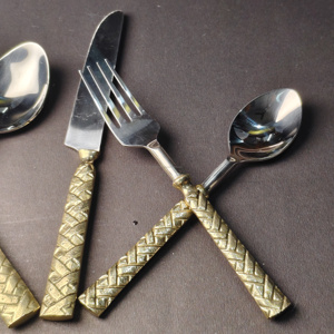 Elegant Basket Weave Pattern Gold Handle Cutlery <b>Set</b> Premium Stainless Steel <b>Knife</b>, <b>Fork</b>, <b>and</b> Spoon <b>Set</b> for High End Hotel - Product Image 5