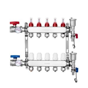 Collettore a 5 Vie per Tubi PEX da 1/2 Pollice, Collettore in Acciaio Inox per Riscaldamento a Pavimento Idronico, Componenti per Sistemi HVAC - Product Image 1