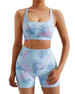 Conjunto de Yoga Tie Dye de 2 Piezas, Top Corto de Cintura Alta y Pantalones Cortos, Ropa Deportiva sin Costuras para Mujer, Transpirable, Spandex, Poliéster - Product Image 6