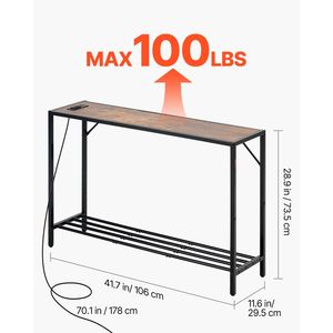 Consolle stretta da 106 cm con prese di corrente, tavolo da ingresso lungo a 2 livelli, tavolo consolle in pino con struttura in metallo per divano - Product Image 3