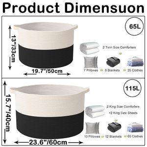 65L Large Woven Cotton Rope Nursery Basket, Laundry Basket Laundry Hamper with Handles,Blanket Basket <b>Storage</b> Bin - Product Image 4
