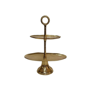 Support à gâteau à 2 niveaux en métal doré, plateau à dessert en aluminium moulé avec bol festonné et poignée annulaire - Product Image 4