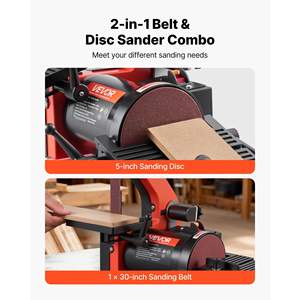 Sableuse à bande et à disque de table 250W Combo 1\" X 30\" Table de travail Ports de collecte de poussière Réglable 0-45 degrés pour le travail du bois DIY - Product Image 3