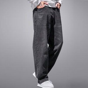 Pantalon en jean de coton délavé pour homme, coupe droite, taille élastique, décontracté, noir délavé, en toile mi-lourde, pour l'automne - Product Image 3