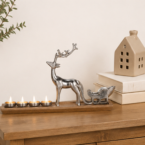 Handmade Aluminum Silver Reindeer And Sleigh <b>Tea</b> Light Candle Holder With Natural Mango Wood Base For Christmas Table Decoration - Product Image 3