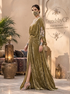 TrendsbyCP Olive Green Velvet Abaya Embroidered Kaftan <b>Modest</b> Floor Length Muslim <b>Dress</b> for Women - Product Image 2