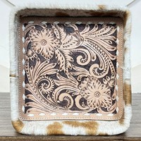 Nouveau plateau en cuir de vachette véritable, décoré de fleurs, fait à la main, style western rustique, organisateur de rangement pour la décoration de la maison et du bureau