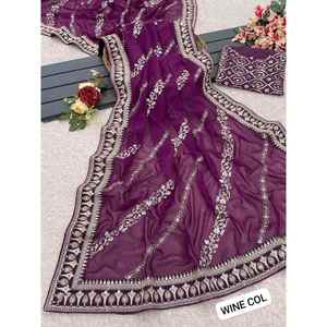 DISEÑADOR GEORGETTE CODIFICACIÓN SECUENCIA ZARI BORDADO TRABAJO SAREE CON BLUSA DESCOSADA VINO - Product Image 1