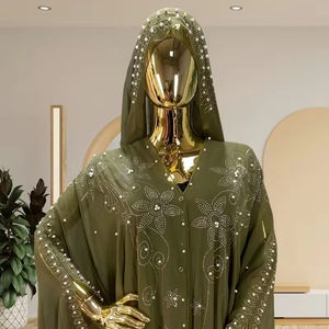 Abaya tendance en cuir véritable avec sequins et strass, manches cloche, style inspiré du Moyen-Orient et d'Afrique pour femme - Product Image 1