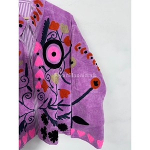 Purple Velvet Embroidery Jacket Uzbek Suzani Unisex Short Jacket <b>Coat</b> Women's Winter Jacket With Two Side Pockets - Product Image 2
