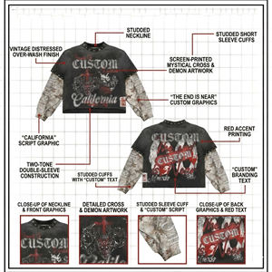 Custom California <b>Skull</b> Print Long Sleeve T-<b>Shirt</b> <b>Men</b> Oversized Crop Fit Punk Style O-Neck Cotton Woven - Product Image 5