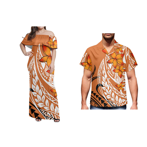 T-shirt décontracté pour homme imprimé polynésien personnalisé, robe élégante sexy à épaules dénudées, ensemble de vêtements assortis pour couple - Product Image 1