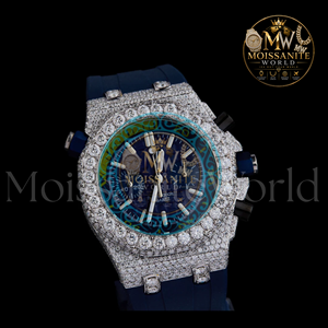 Iced Luxury Sport Quartz <b>Watch</b> Moissanite Diamond Dial Mixed Scale Blue Rubber Strap Square Sapphire Crystal Auto Date <b>for</b> <b>Men</b> - Product Image 3