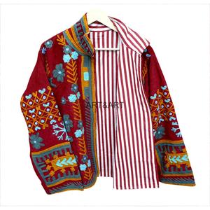 Red <b>Corduroy</b> Mandarin Collar Quilted <b>Jacket</b> Hand Embroidered Floral Pattern Full Sleeve Women's Autumn Eco-Friendly Breathable - Product Image 3
