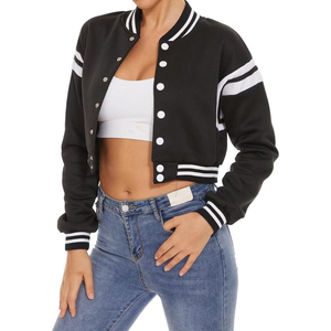 Veste universitaire noire pour femme, coupe courte décontractée, fermeture boutonnée, col rabattu, manches longues, pour l'automne, en polaire - Product Image 1
