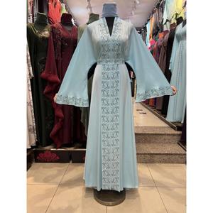 Wholesale Modest Dubai Beaded Sequined <b>Long</b> Sleeve Abaya Muslim Traditional Handmade Wedding Women Polyester Breathable VNeck - Product Image 4