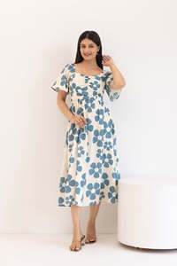 Robe midi à manches courtes à imprimé floral, col carré, coupe ample, style décontracté, robe d'été, tissu tissé respirant, 100% coton - Product Image 3