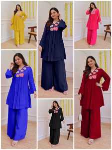 ชุดเซ็ตสองชิ้นสำหรับผู้หญิง ผ้าจอร์เจตต์แท้ ทรงขากว้าง ดีไซน์ปักลายอย่างประณีต เพื่อความสบายและสง่างาม ผลิตจากโพลีเอสเตอร์ - Product Image 6