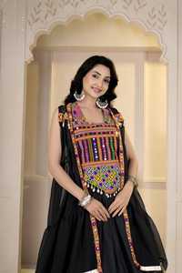 Black Geometric Embroidered Cotton Vintage Floor-Length <b>Lehenga</b> Choli Dress Traditional Sleeveless Square Neck <b>Top</b> Flared Volume - Product Image 4