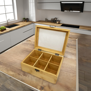 6-Compartment Natural Wooden Rectangle Tea <b>Box</b> <b>Kitchen</b> <b>Storage</b> with Clear Lacquer Traditional Japanese Style - Product Image 1