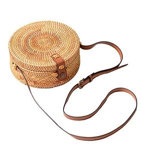 Round Rattan Crossbody <b>Bag</b> <b>for</b> <b>Women</b> Bohemian Wicker <b>Bucket</b> Handbag with Leather Strap - Product Image 1