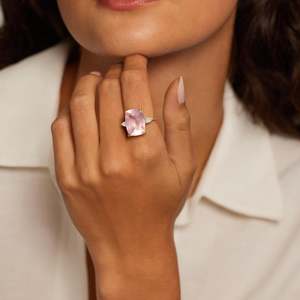 Anillo de Compromiso de Oro Amarillo Sólido de 14K con Cuarzo Rosa y Diamante Cultivado en Laboratorio, Diseño Infinito, Joyería Fina y Delicada, OEM - Product Image 3