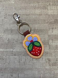 Beaded Red Strawberry and Flower <b>Keychain</b>, Backed With brown faux <b>leather</b> - Product Image 3