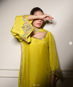 Women's Yellow Embroidered Silk <b>Kurta</b> Loose Fit Midi Traditional <b>Indian</b> Pakistani Party Wear - Product Image 5
