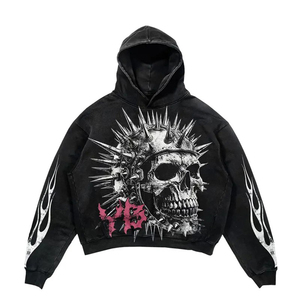 Ensemble sweat à capuche unisexe noir style punk avec pantalon large à motifs flamme, tenue deux pièces graphique vintage streetwear gothique Y2K délavée - Product Image 2