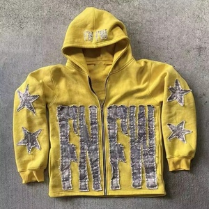 Sudadera con capucha para hombre personalizada, de tejido grueso y pesado, con corte y costura, estilo vintage, con cremallera, parche bordado, lavado ácido. - Product Image 3