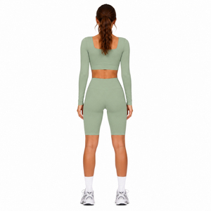 Women Square Neck Crop Top Knee Length Leggings <b>Two</b> <b>Piece</b> <b>Set</b> Yoga Wear Compression 2 <b>Piece</b> High Waist Legging long Sleeve Top - Product Image 3