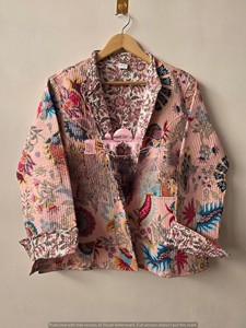 Indian Handmade Pink Cotton Quilted <b>Jacket</b> Kantha Stitch Winter Coat Floral Print Boho Short Cardigan Vintage Reversible <b>Blazer</b> - Product Image 1