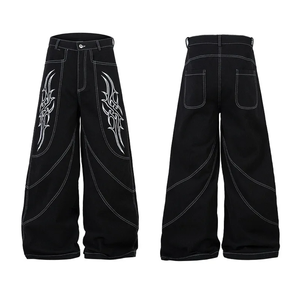 High Waist Wide Leg Denim Harem <b>Pants</b> With <b>White</b> Embroidery Loose Fit Cotton Midweight Hip Hop Style Autumn Wear - Product Image 1