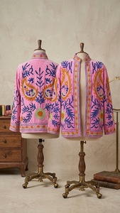 Blouson Bomber Élégant en Velours Brodé et Coton Tricoté pour Femme, Col Montant, Motifs Floraux Faits Main, Style Ethnique Bohème, Séchage Rapide, Automne - Product Image 1