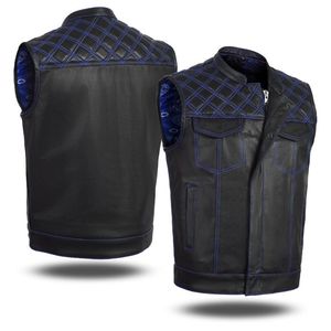 <b>Men's</b> <b>Black</b> Leather Moto <b>Vest</b> Stand Collar Zipper Closure Geometric Pattern Windproof Outerwear Regular Length - Product Image 1